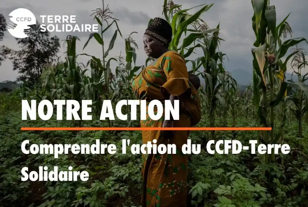 Image d'une femme dans un champ avec marqué en description : "notre action : comprendre l'action du CCFD-Terre Solidaire